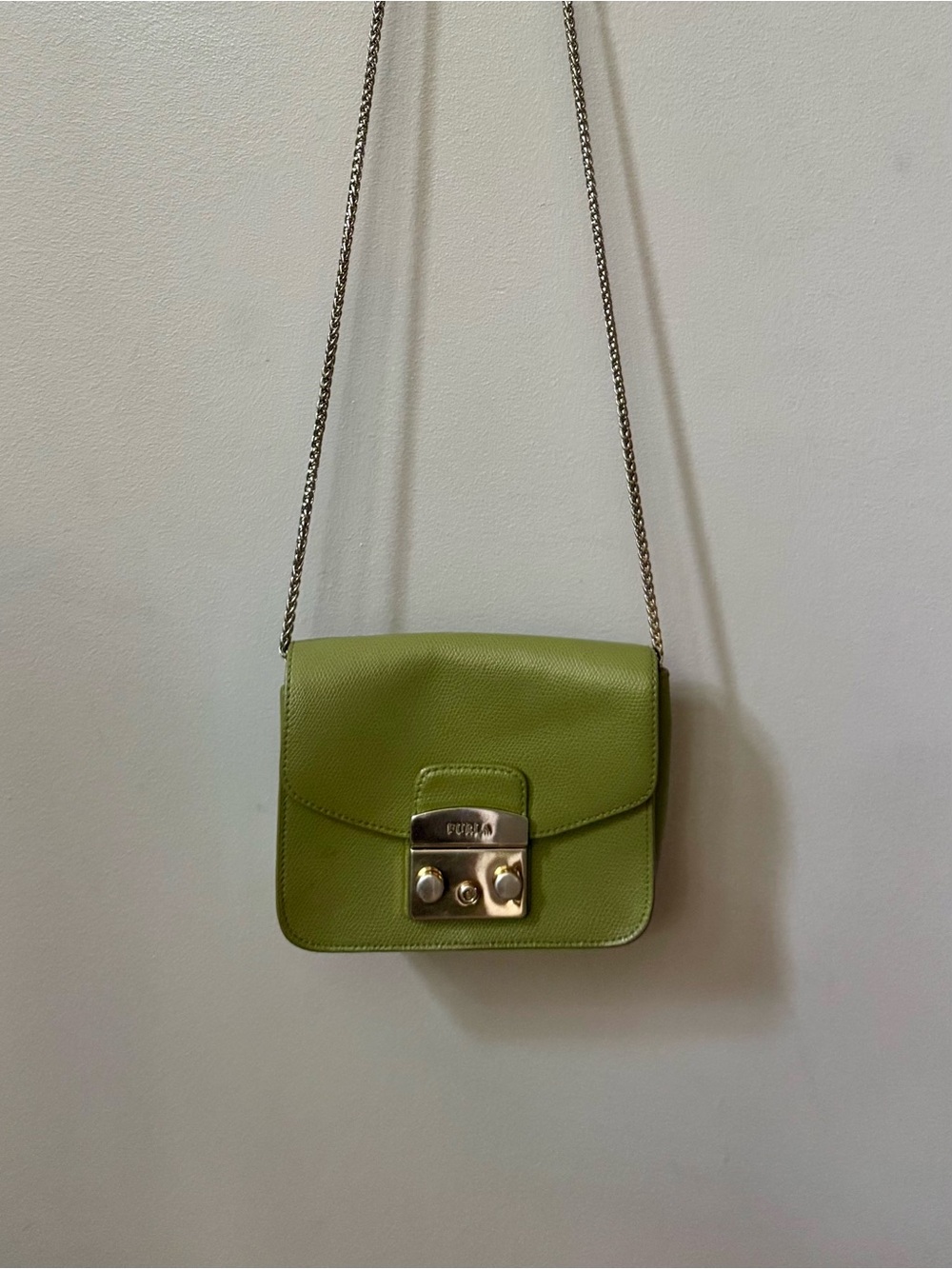 Furla Mini Metropolis Lime Green Leather Crossbody Bag with Chain Strap
